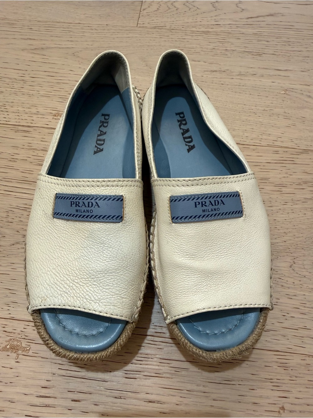 Prada Cream Leather Espadrille Slide with Blue Logo Patch